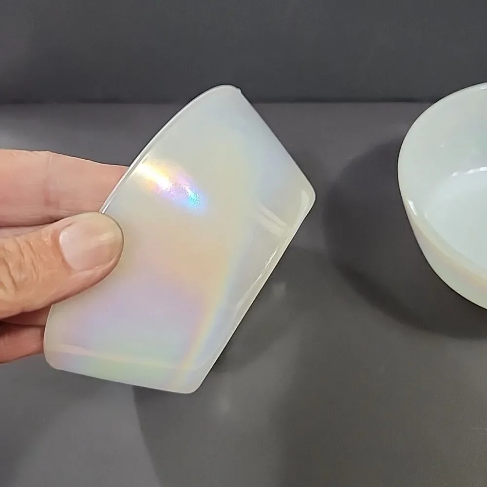 (2) Vtg Iridescent Anchor Hocking Fire King Milk Glass Custard Cups